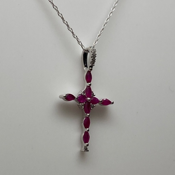 10K White Gold Marquise Shape Natural Ruby and Diamond Cross Pendant and Chain - Picture 4 of 8